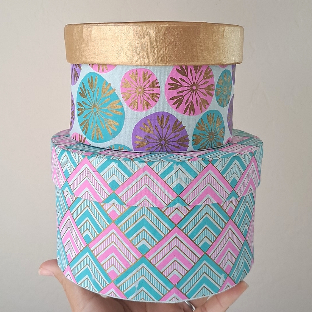 Cute Round Decorative Paper Storage Gift Box 6" 5" Two Pink Blue Gold Geometric